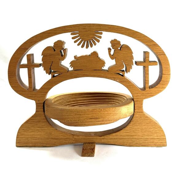 Nativity Scene Wood Collapsible Basket Jesus Angels Cross Christmas Decor 10” - Picture 3 of 7